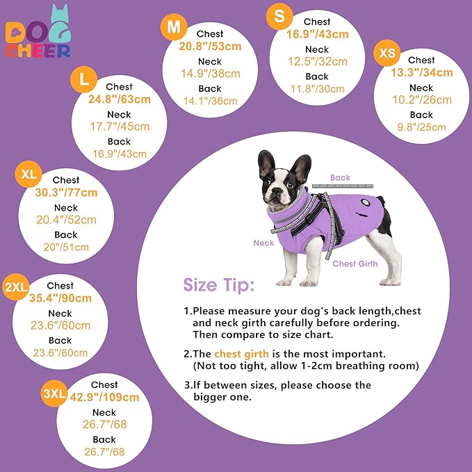 Dogcheer Dog Coat with Harness, Waterproof Dog Jacket, Reflective Puppy Winter Jacket with Pocket, Doggy Turtleneck Fleece Vest for Small Medium Large Dogs - Taro Purple, 2XL