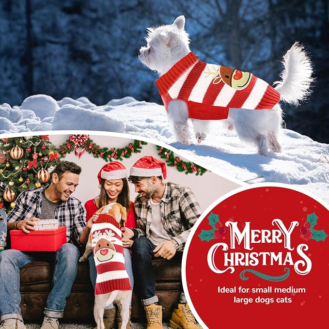 PETCARE Reindeer Christmas Dog Sweater Red Striped Cat Sweater Cartoon Elk Pet Vest Holiday Dog Clothes Puppy Sweaters for Small Medium Large Dogs Cats Fall Winter Outfits Xmas Dogs Costume,Large