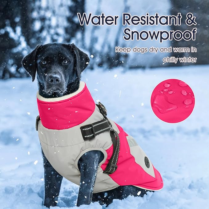 IECOii Large Dog Coat with Harness Built in,Reflective Waterproof Dog Coat for Giant Breeds - Zip Up Fleece Jacket for Dogs,Great Dane Winter Coats Warm Snowsuit for Cold Weather, Rosered, 4XL