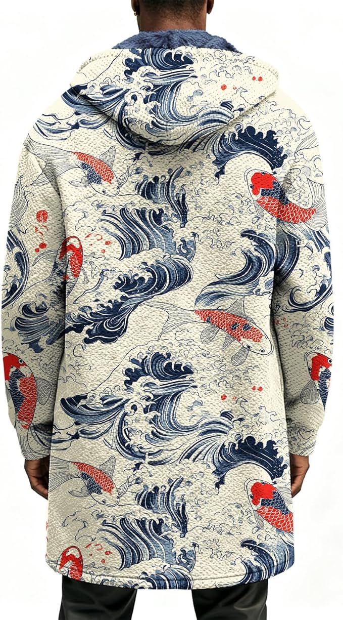 Mens Long Cardigan Hoodies Full Zip Fleece Lined Jackets Fashion Knitted Color Block Hooded Coat with Pockets