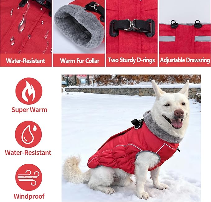 Malier Dog Coat, Reflective Dog Jacket Waterproof Windproof Puppy Cold Weather Coats with Harness Built in, Winter Extra Warm Pet Coat Fleece Vest for Small Large Pets and Puppy (Red, XX-Large)