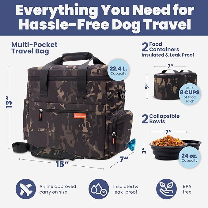 The Original Doggy Bag™ - Complete Dog Travel Bag for Supplies with 2 BPA-Free Travel Dog Bowls & 2 Pet Food Containers - Traveling Kit for Road Trips, Camping, Weekend Away or Doggy Gift - Camo