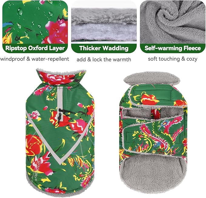 VIVAGLORY Snowrap Dog Coat, Jacket with Harness Hole & Velcro Closure, Dog Coat for Winter & Cold Weather, Fluffy Warm Fleece Lined Reflective Water Resistant for Puppy, L, Northeast Florals-Green