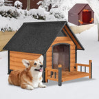 GUTINNEEN Insulated Dog House Outdoor, Waterproof Dog Kennel with Anti-Bite Design, Asphalt Roof, Elevated Base, PVC Curtain, for Small to Medium Dogs - Brown