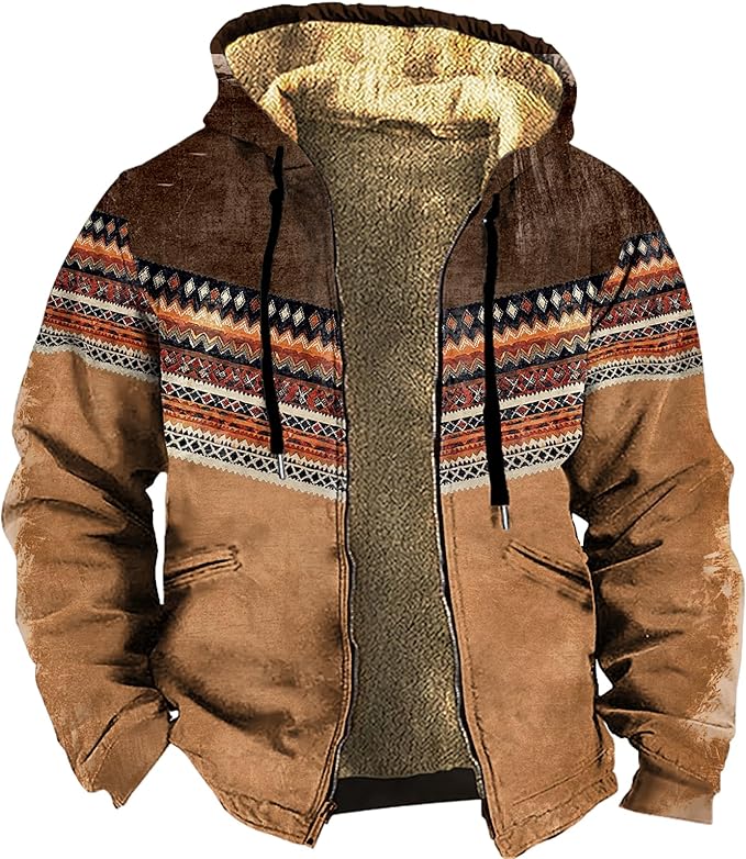 Men's Western Aztec Jackets Hooded Cowboy Hoodie Warm Full Zip Ethnic Vintage Long Sleeve Coat Fall Winter Tops