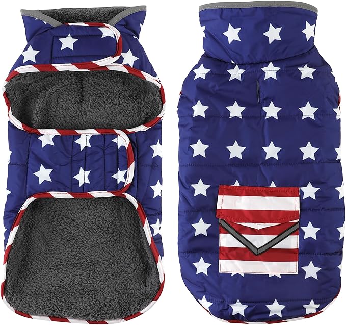 Dog Coat, Waterproof Dog Winter Jacket with Pocket, Reflective Adjustable Pet Snow Vest, Warm Cozy Fleece Sweater for Small Medium Extra Large Dogs - American Flag, 3XL