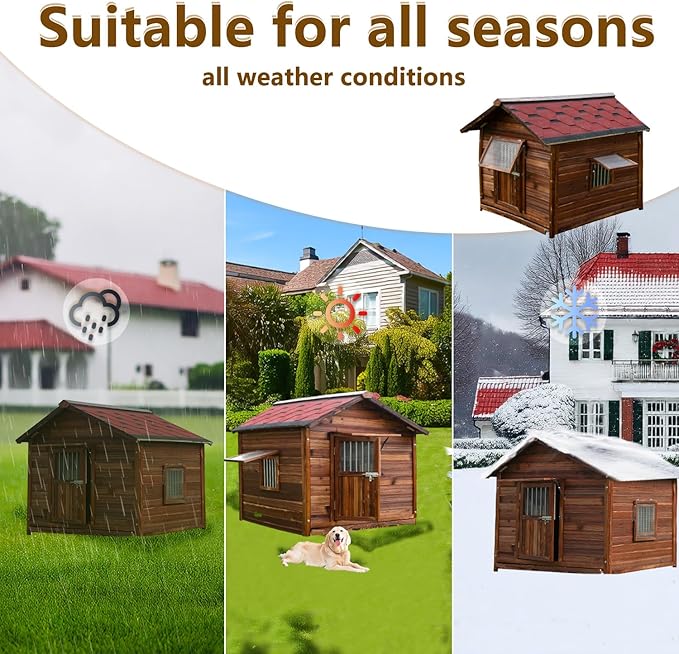 Outdoor Dog House, Solid Pine Wood Dog House with Waterproof Roof, Small Pet House with Elevated Floor and Window for Small Medium Dog, L