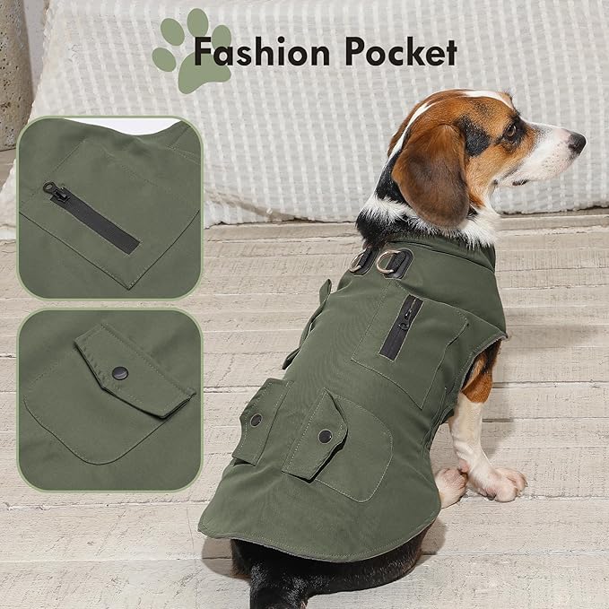 Workwear Style Dog Coats with Harness Built in for Small Dogs Windproof Warm Puppy Jacket with Storage Pockets for Cold Winter,Green XXXL