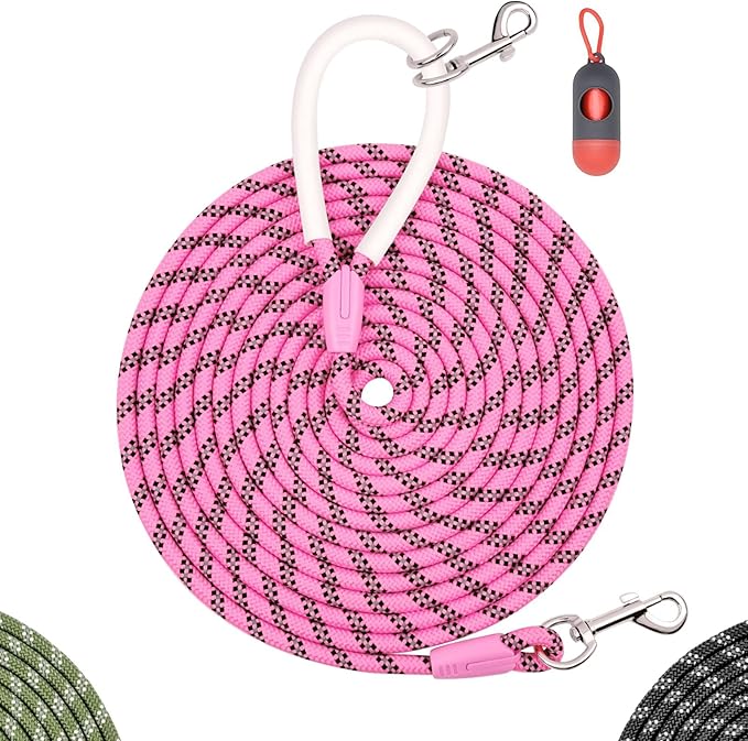 Nylon Dog Leash 6FT 10FT 20FT 30FT Diameter 2/5 Inch with Comfortable Silicone Handle Highly Reflective No Tangle for Medium Large Dogs Outside Walking Camping Backyard. (Pink, 6FT)