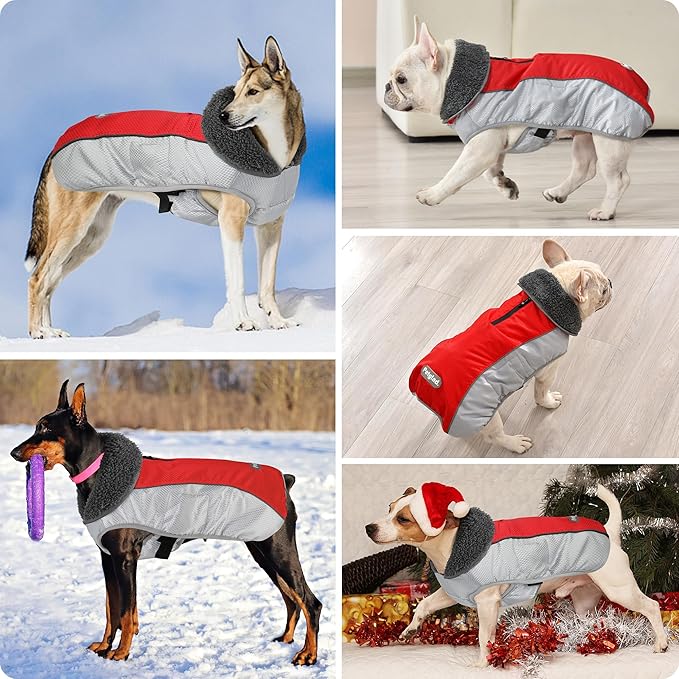 Dog Coat, Waterproof Ripstop Dog Winter Jacket with Leash Hole, Reflective Adjustable Warm Pet Fleece Snow Sweater for Small Medium Large Dogs - Red, M
