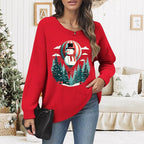 Women's Red Christmas Sweater - Festive Cartoon Patterns, Cozy Knit for Holiday Parties & Gatherings