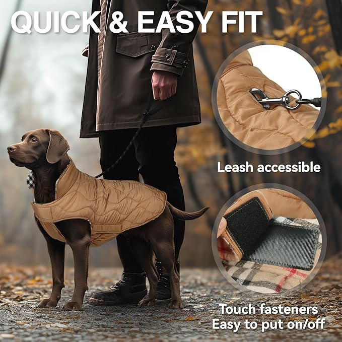 VIVAGLORY Softjoy Dog Coat, Dog Jacket for Winter & Christmas, Coat with Harness Hole & Velcro Closure, Reversible Plaid Checkered Warm Fluffy Heavy Duty for Puppy, L, Khaki