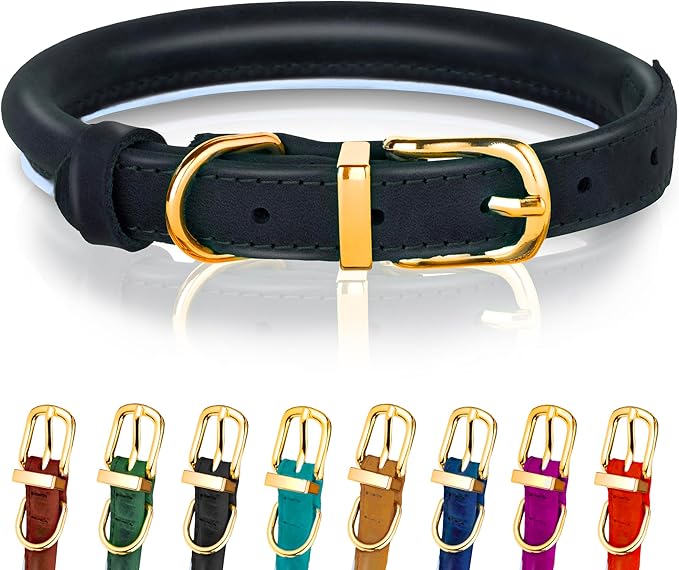 OOPSDOGGY Reflective Rolled Leather Dog Collar Adjustable Soft Padded Pet Collar for Small Medium Large Breed Dogs (Black, M, 12"-15")