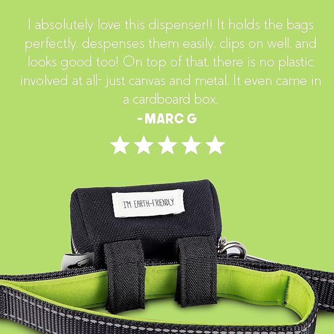 Black Poop Bags Holder - 10% to Charity - Strong Quality Zipper - Virgin Plastic Free - Black Dispenser with Secure Carabiner