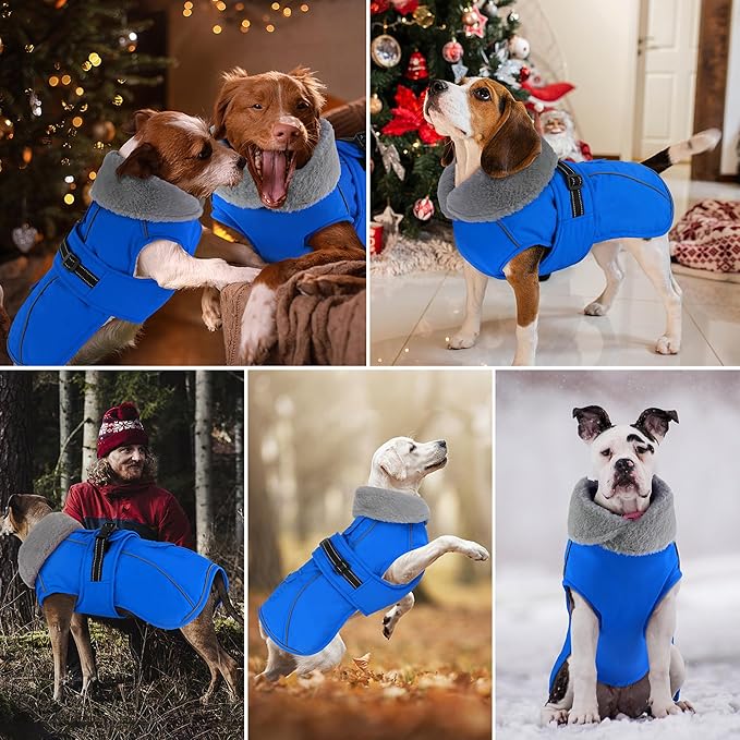 Dogcheer Dog Coat with Pocket, Waterproof Dog Jacket with Adjustable Buckle, Reflective Puppy Winter Coat Warm Turtleneck Fleece SnowJacket for Small Medium Large Dogs - Blue 2XL