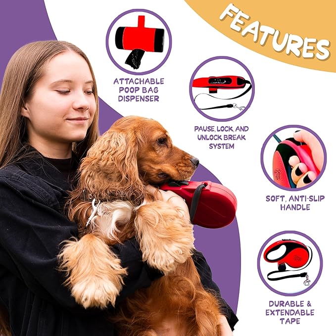 Long Retractable Dog Leash with Poop Bag Dispenser – Tangle-Free 16FT Extendable Leash for Small Dogs and Medium with Removable Waste Bag Holder & 2 Rolls of Bags - Medium - Red