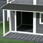 PawHut Outdoor Dog House Cabin Style, Wooden Raised Pet Kennel with Asphalt Roof, Front Door, Side Window, Porch for Medium and Large Dogs, Gray