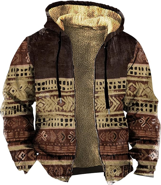 Men's Zip Up Jackets Western Style Ethnic Hoodie Hooded Vintage Long Sleeve Warm Coat Winter Outfits