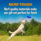 Nerf Dog Toy Gift Set, 3-Piece Set of Outdoor Dog Toys for Tug and Fetch, Includes Classic Squeak Football, 3-Ring Tug and Nitro Blitz Squeak Football