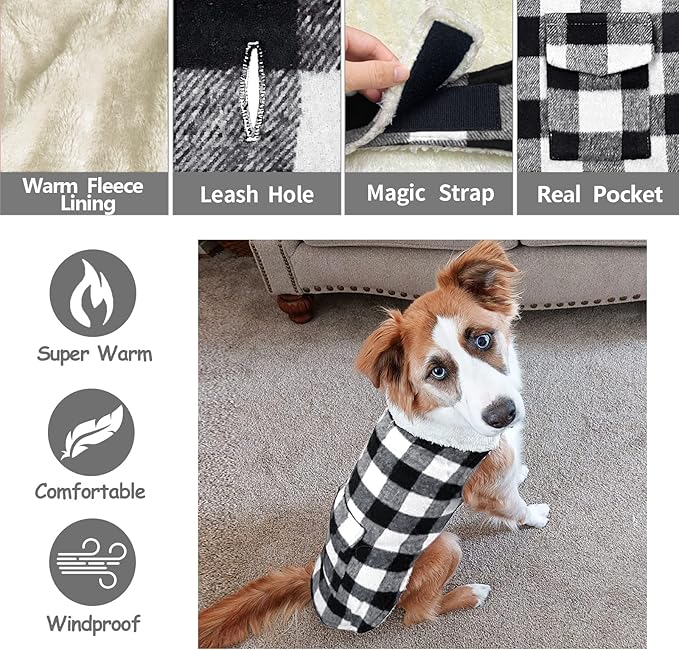 Malier Classic Plaid Fleece Dog Coat with Pocket - Windproof Warm Winter Pet Jacket for Small to Large Dogs (White, Medium)
