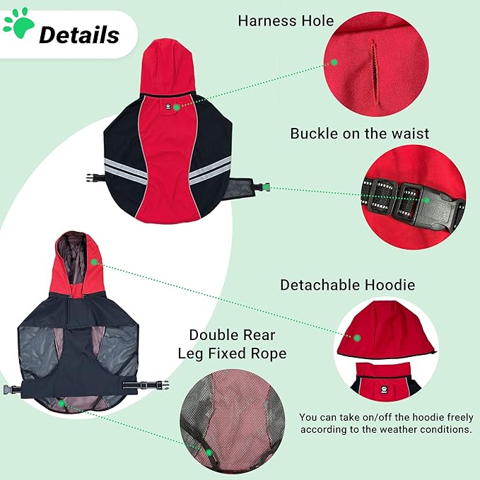 Dog Raincoat for Medium Large Extra Large Dogs, Waterproof Rain Jacket with Reflective Strap, Lightweight Hoodies Full-Body Coverage Dry Clothes (2XL, Red)