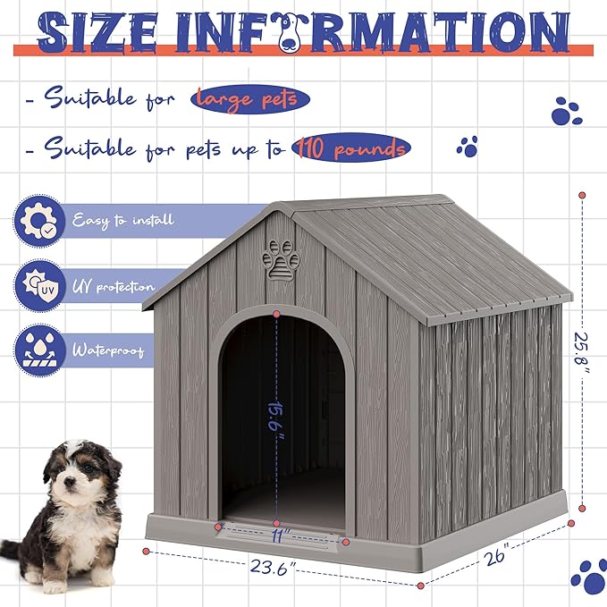 Dog House Outdoor Indoor, Plastic Small Dog House-Weatherproof & Insulated Design with Air Vents & Elevated Floor for Small to Medium Dogs, Easy Clean and Assemble (Grey)