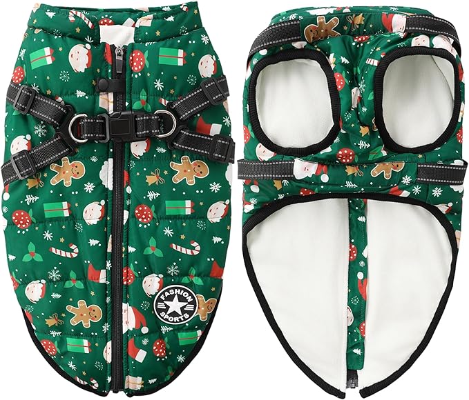 Aiboria Dog Jackets for Winter Windproof Waterproof Vest Fleece Warm Dogs Coat with Belt Christmas Green M