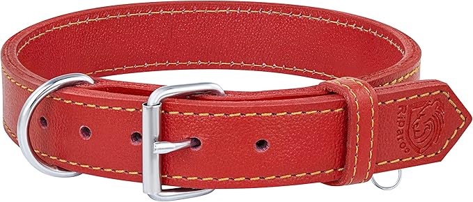 Riparo Dog Collar - Genuine Leather Dog Collars - Heavy Duty Dog Collars for Medium Large and Extra Large Dog Breeds (M: 1” Wide for 14” - 18” Neck, Red)