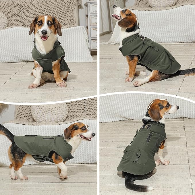 Workwear Style Dog Coats with Harness Built in for Small Dogs Windproof Warm Puppy Jacket with Storage Pockets for Cold Winter,Green XXXL