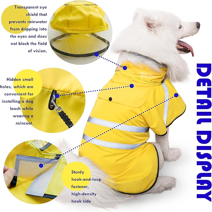 Dog Raincoat, Adjustable Rain Jacket with Hooded Double Layer for Large Medium Small Dogs Puppies, Lightweight Waterproof Rain Coat Poncho with Reflective Stripe Yellow,S