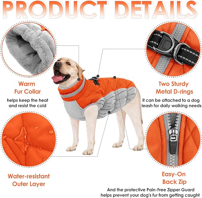 AOFITEE Dog Coat, Warm Dog Winter Coat, Reflective Cold Weather Dogs Puffer Jacket with Harness Built in, Waterproof Pet Fleece Vest Snowsuit for Small Medium Large Dogs, Orange L