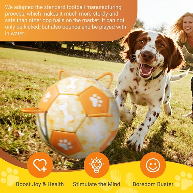 Size 3 Interactive Dog Football with Strap,Orange & Yellow, Eye-Catching Paw and Bones Design, Ideal Outdoor Training Pet Toy, Perfect Choice for Medium & Large Dogs' Playtime