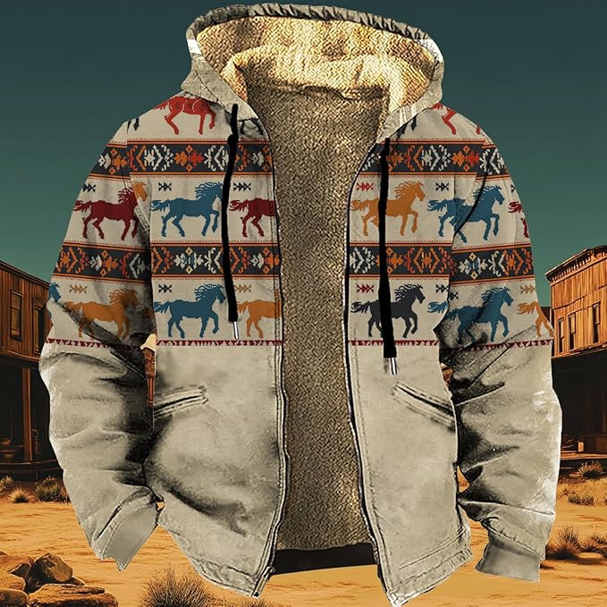 Men's Western Aztec Jackets Hooded Cowboy Hoodie Warm Full Zip Ethnic Vintage Long Sleeve Coat Fall Winter Tops