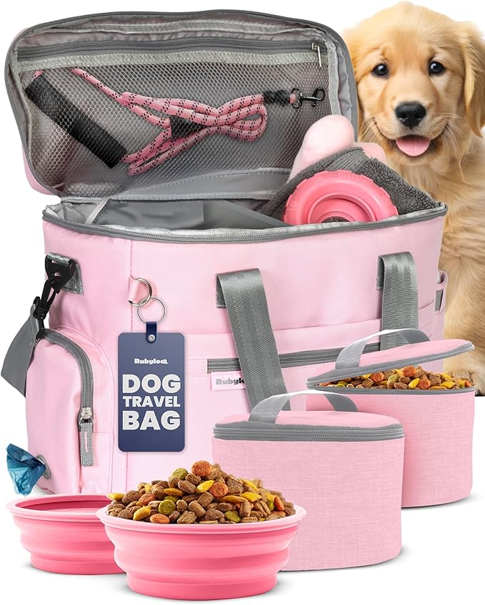 The Original Doggy Bag™ - Complete Dog Travel Bag for Supplies with 2 BPA-Free Travel Bowls & 2 Pet Food Containers - A Dog Mom Gift for Day Trips, Camping, Road Trips & Weekends Away - Lt. Pink