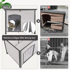 Dog House Outdoor Dog House for Small Medium Large Dogs, Natural Wood with Iron Frame, Waterproof Roof Raised Feet (43.3" L-White)