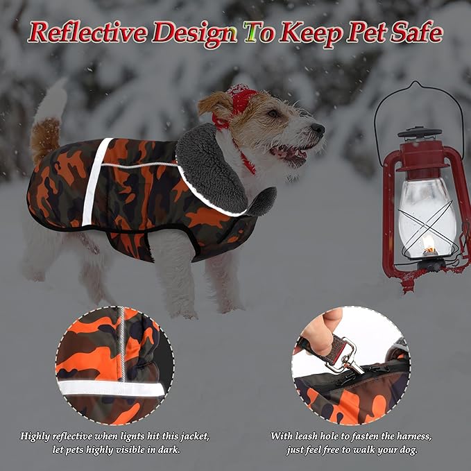 Dogcheer Warm Dog Coat, Waterproof Dog Jacket Christmas Puppy Winter Coat with Buckle, Reflective Adjustable Pet Snow Jacket Turtleneck Fleece Sweater for Small Medium Large Dogs - Orange Camo, 3XL