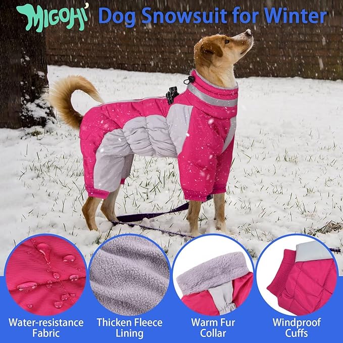 MIGOHI Full Body Dog Coat - Warm Reflective Winter Coat for Medium Dogs with Harness,Turtleneck Dog Fleece Jacket,Four-Leg Windproof Puffer Jackets Snowsuit with Zipper for Small Medium Large Dogs,L