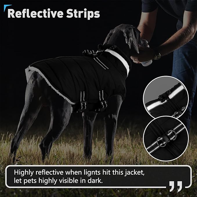 Dogcheer Dog Coat, Waterproof Dog Jacket with Harness, Reflective Adjustable Winter Coat with Zipper, Christmas Pet Snow Jacket Clothes for Small Medium Large Dogs - Black XL