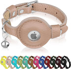 OOPSDOGGY Cat Collar for AirTag Holder, Leather Kitten Collars with Elastic Strap & Bell, Non Breakaway Adjustable Small Pet Collars for Indoor & Outdoor for Boy, Girl (Beige)