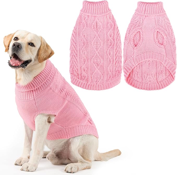 PUPTECK Dog Sweater, Turtleneck Warm Knitted Pullover Coat, Thick Cable Knitwear Clothes in Winter, Pet Apparel Outfits for Large Dogs, for Cold Weather Indoor & Outdoor, Pink L