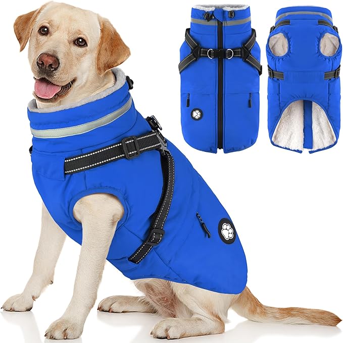 Dogcheer Dog Coat, Waterproof Dog Winter Jacket with Harness, Reflective Adjustable Doggy Cold Weather Coats, Christmas Pet Fleece Snowsuit for Small Medium Large Dogs - Blue, XL