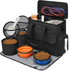 Dog Travel Bag by Modoker - Dog Travel Kit for a Weekend Away Set Includes Pet Travel Bag Organizer for Accessories, 2 Collapsible Bowls, 2 Travel Food Container (Black)