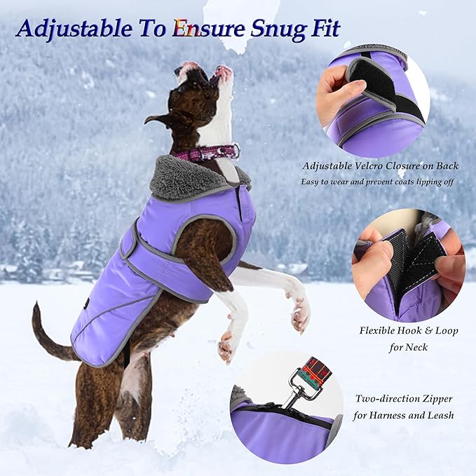 Dogcheer Dog Coat, Waterproof Dog Jacket Reflective Pet Winter Coat with Adjustable Hook & Loop, Christmas Puppy Fleece Jacket Warm Turtleneck Snowsuit for Small Medium Large Dogs - Taro Purple, L