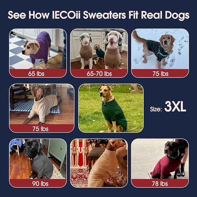 IECOii XXXL Dog Sweater,Warm Dog Sweaters for Extra Large Dogs Girl Boy,Stretchy & Cozy,Turtleneck Knitted Pullover for Pet Wear On Holiday,Easy On Doggy Sweatshirt for Labrador (Brown,XXXL)