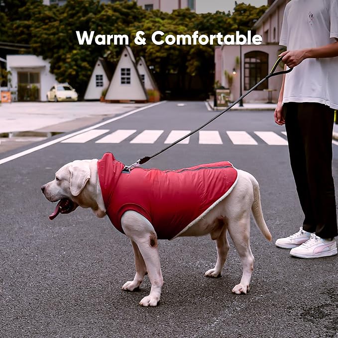 Fleece Lining Dog Hoodie with Harness Built in,Extra Warm Large Dog Jacket in Winter Doggie Coats with Hooded,Red XXXL