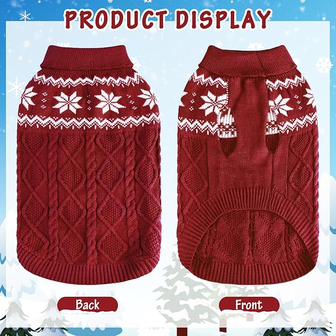 Warm Winter Pink Dog Sweater - Cold Weather Pet Clothes for Small Medium Large Dogs Indoor Outdoor, Soft Classic Knit Puppy Apparel Coat, Dark Red, L