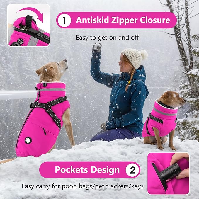 Dogcheer Dog Coat with Harness, Waterproof Dog Jacket Christmas Pet Winter Coat with Pockets, Reflective Doggy Turtleneck Fleece Jacket for Small Medium Large Dogs - Pink, S