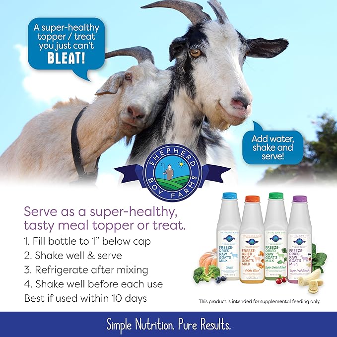 Shepherd Boy Farms Freeze Dried Raw Goats Milk with Probiotics for Dogs & Cats (Super Fruits), Organic USA Fruits, Digestible Goat Milk Powder, Raw Nutrition, High Protein Food Topper - Makes 16 FL Oz