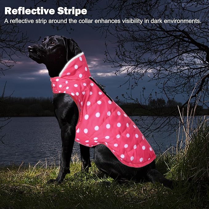 Dog Winter Coat, Waterproof Dog Jacket with Leash Hole, Reflective Adjustable Pet Snow Vest, Warm Fleece Sweater for Small Medium Large Dogs - Pink Polka Dot, M