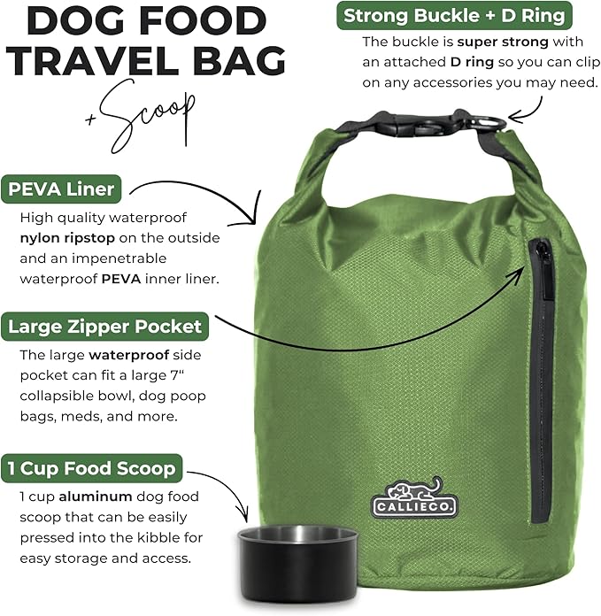 Callieco Dog Food Travel Bag w/ 1 Cup Scoop and Zipper Side Pocket | Waterproof Kibble Storage Container for Home, Road Trips, Camping, Boarding and More (Green, 64 Cups)